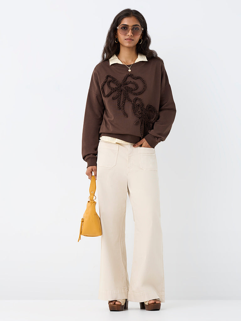 LOV Dark Brown Bow Embroidered Cotton Sweatshirt