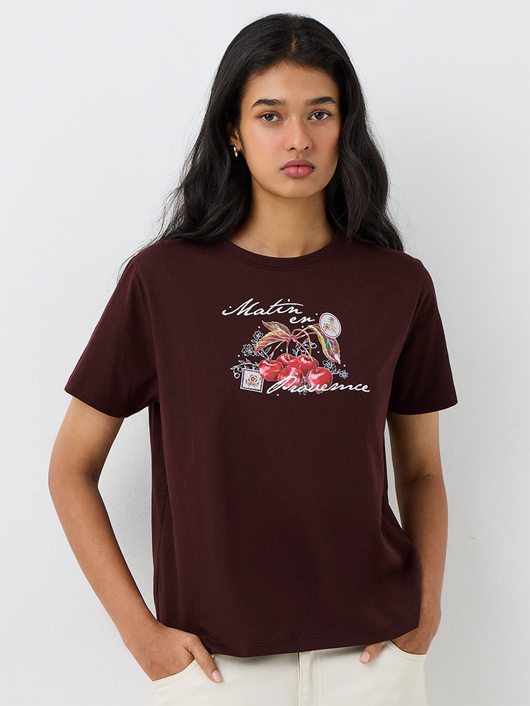 LOV Dark Brown Graphic Printed T-Shirt