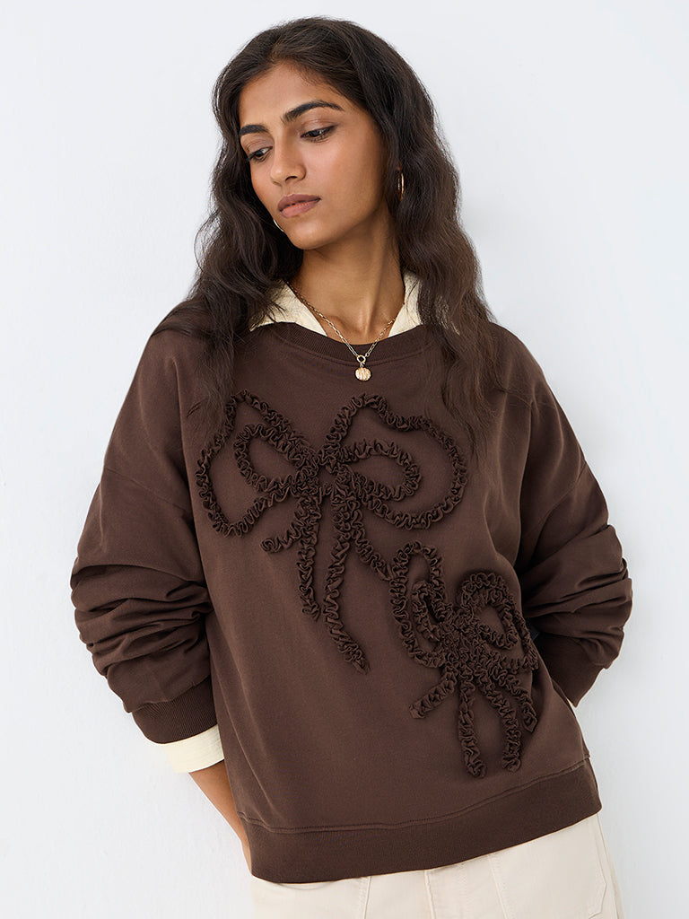 LOV Dark Brown Bow Embroidered Cotton Sweatshirt