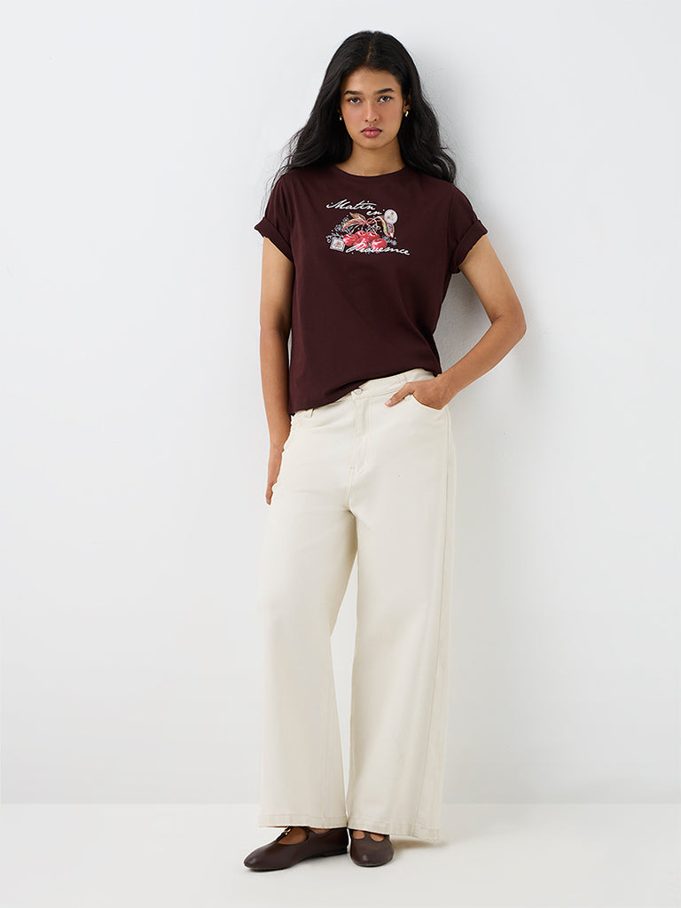 LOV Dark Brown Graphic Printed T-Shirt