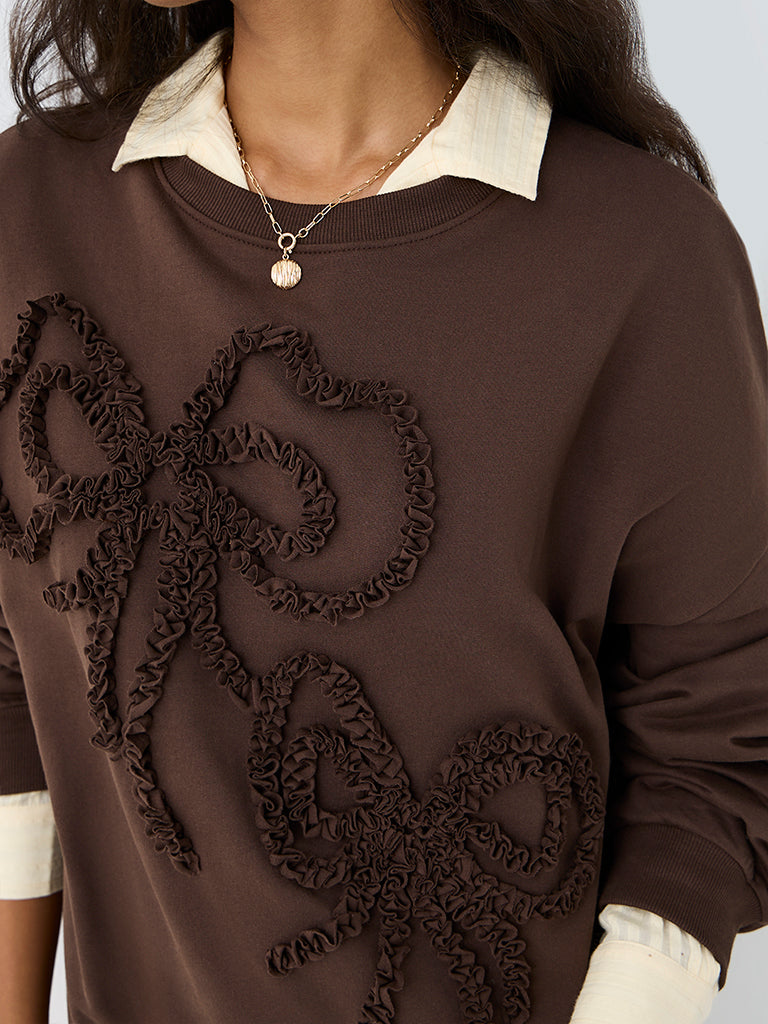 LOV Dark Brown Bow Embroidered Cotton Sweatshirt