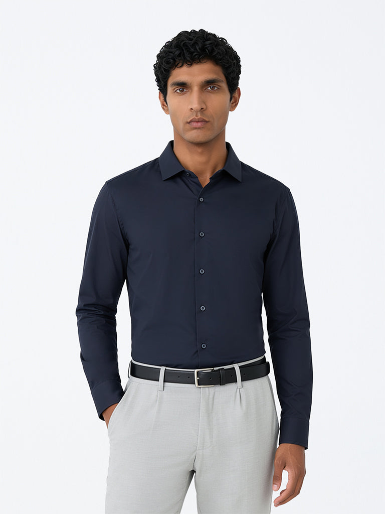 WES Formals Navy Solid Ultra Slim-Fit Cotton-Blend Shirt