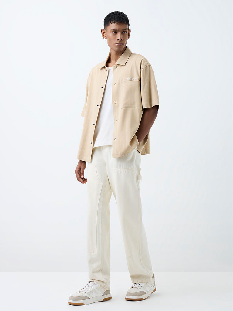 Nuon Beige Striped Relaxed-Fit Shirt