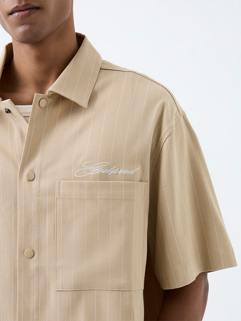 Nuon Beige Striped Relaxed-Fit Shirt