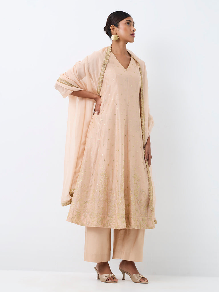 Vark Peach Sequin Embellished Flared Cotton-Blend Ethnic Set