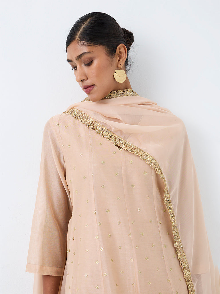 Vark Peach Sequin Embellished Flared Cotton-Blend Ethnic Set