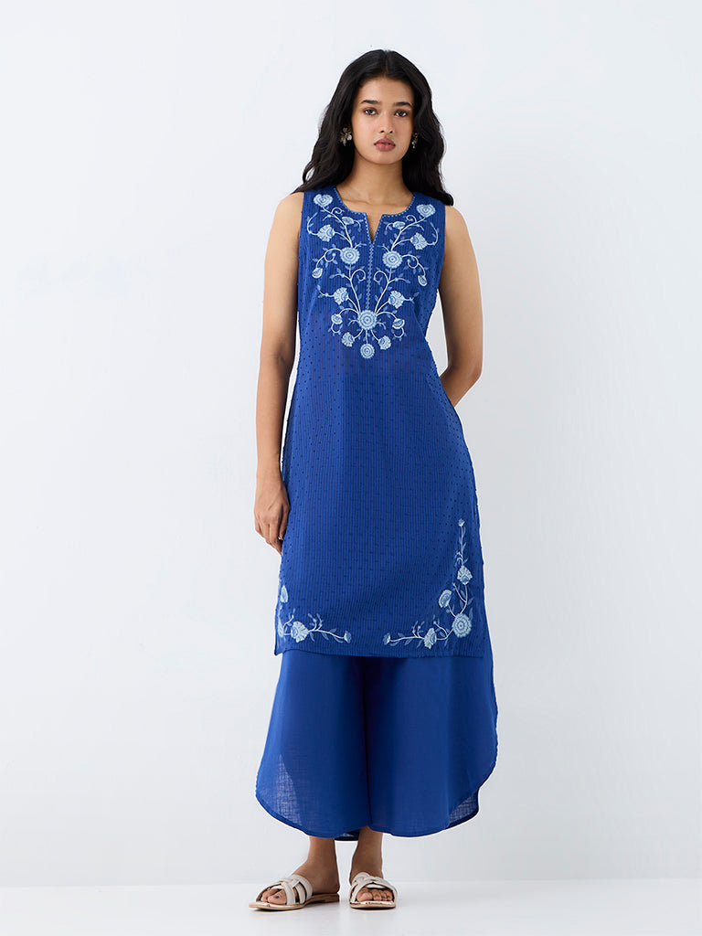 Utsa Blue Floral Embroidered Cotton Straight Kurta