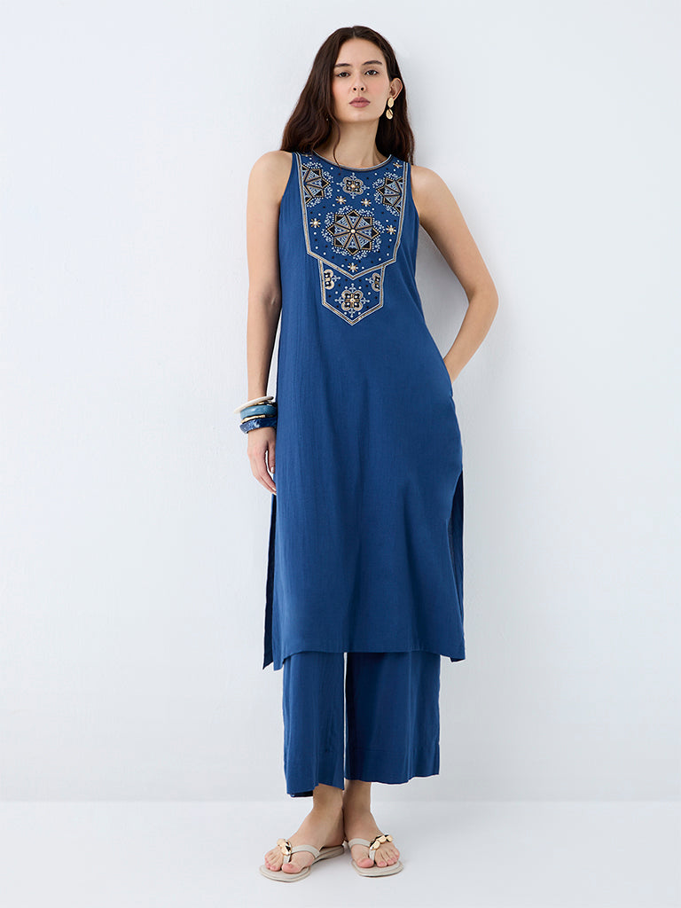 Utsa Indigo Printed Cotton A-Line Kurta