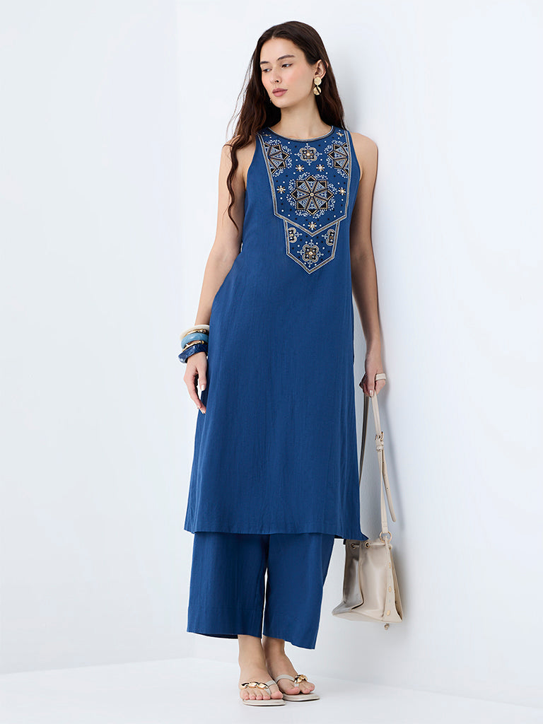 Utsa Indigo Printed Cotton A-Line Kurta