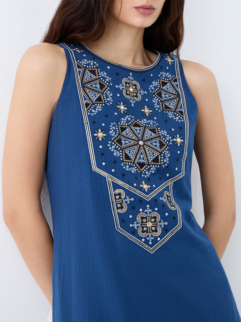 Utsa Indigo Printed Cotton A-Line Kurta