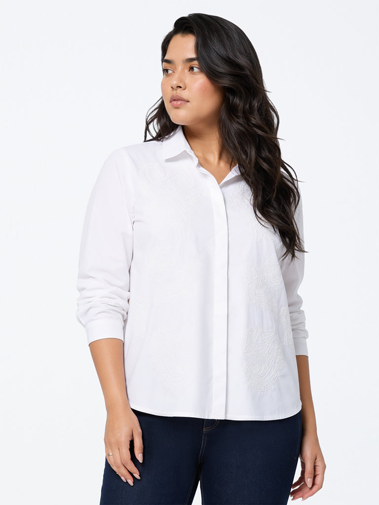 Gia White Floral Embroidered Cotton Shirt