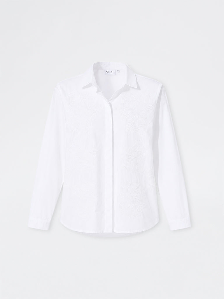 Gia White Floral Embroidered Cotton Shirt