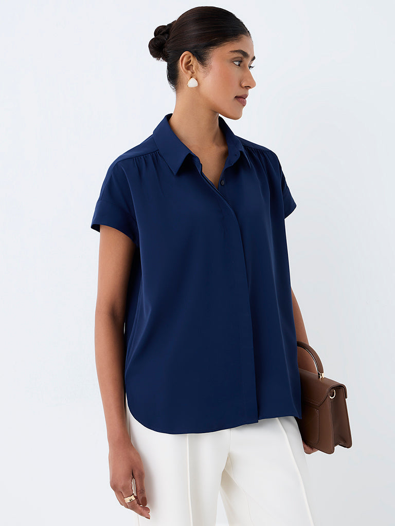 Wardrobe Navy Solid Shirt