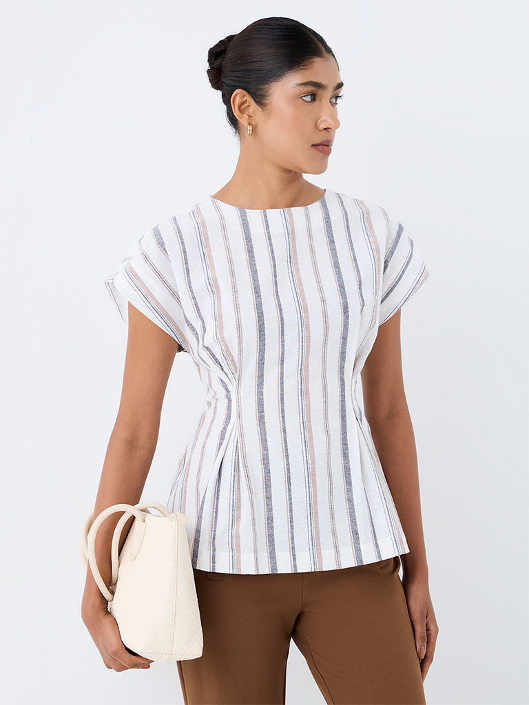 Wardrobe Off-White Striped Peplum Cotton Top