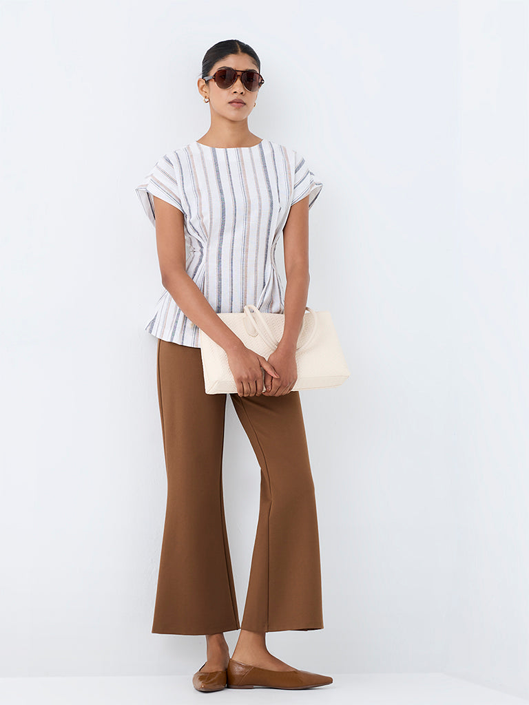 Wardrobe Off-White Striped Peplum Cotton Top