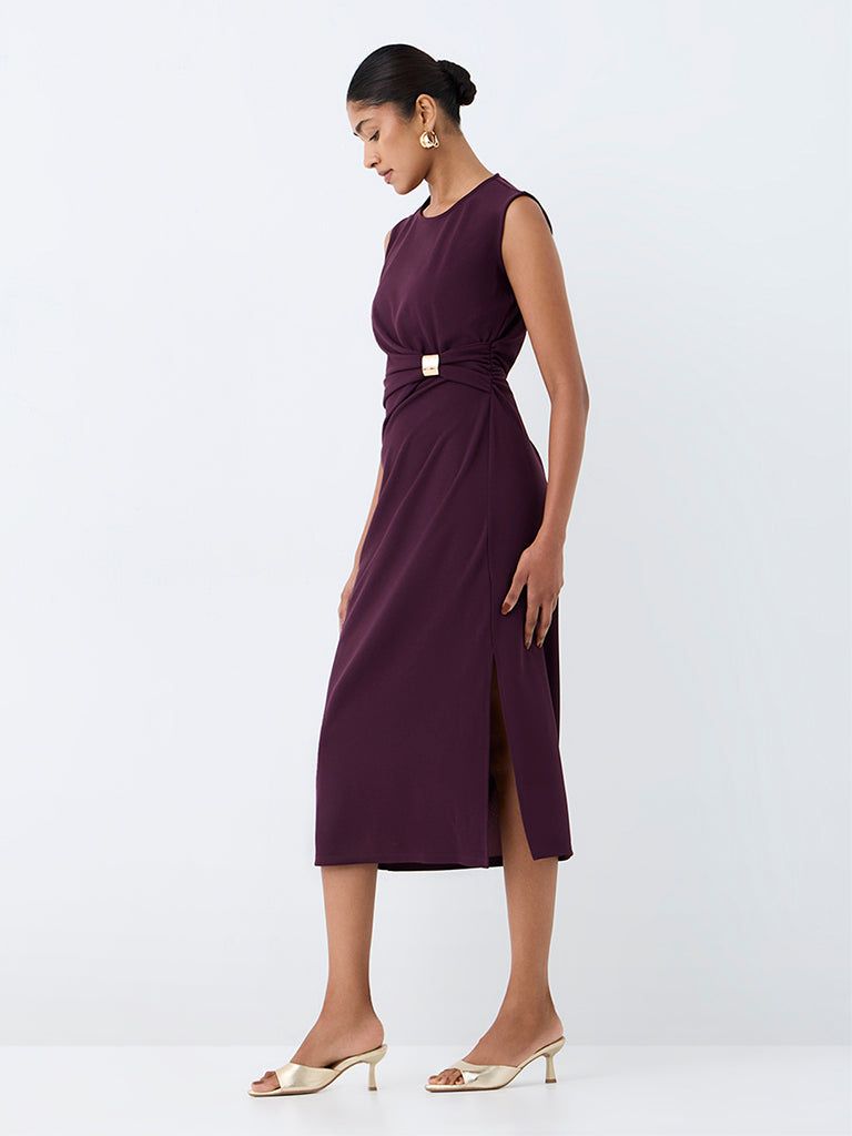 Wardrobe Plum Metal-Detail Sheath Midi Dress
