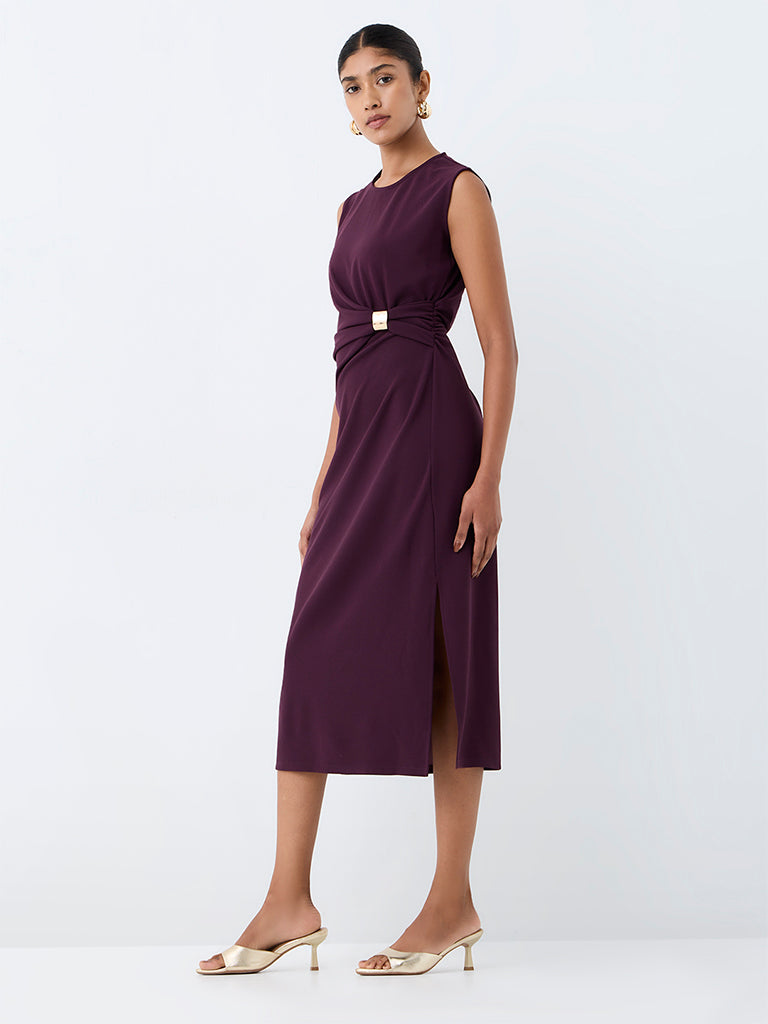 Wardrobe Plum Metal-Detail Sheath Midi Dress