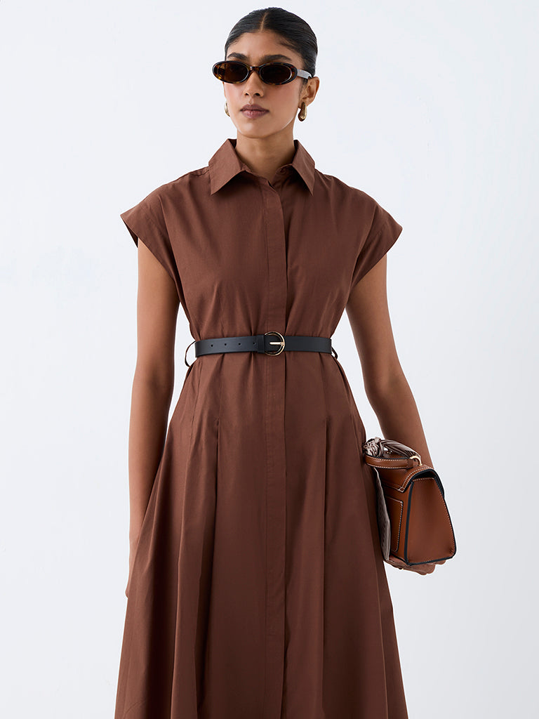 Wardrobe Brown Pleated Cotton Midi Dress with Belt