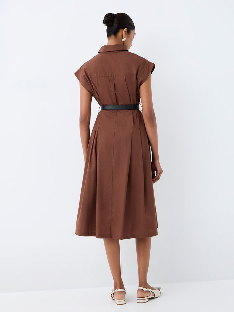 Wardrobe Brown Pleated Cotton Midi Dress with Belt