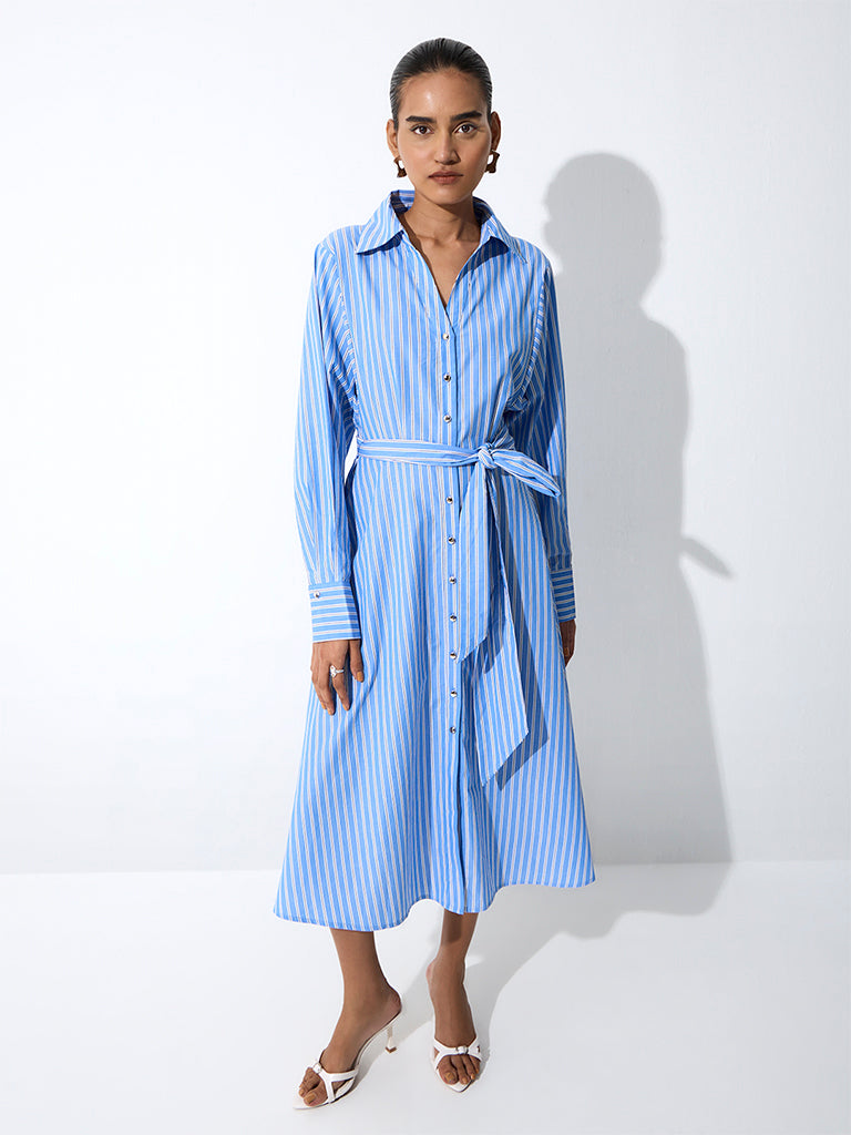 Wardrobe Blue Striped Cotton Shirt Dress with a Belt