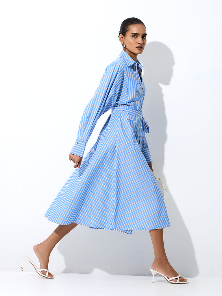 Wardrobe Blue Striped Cotton Shirt Dress with a Belt