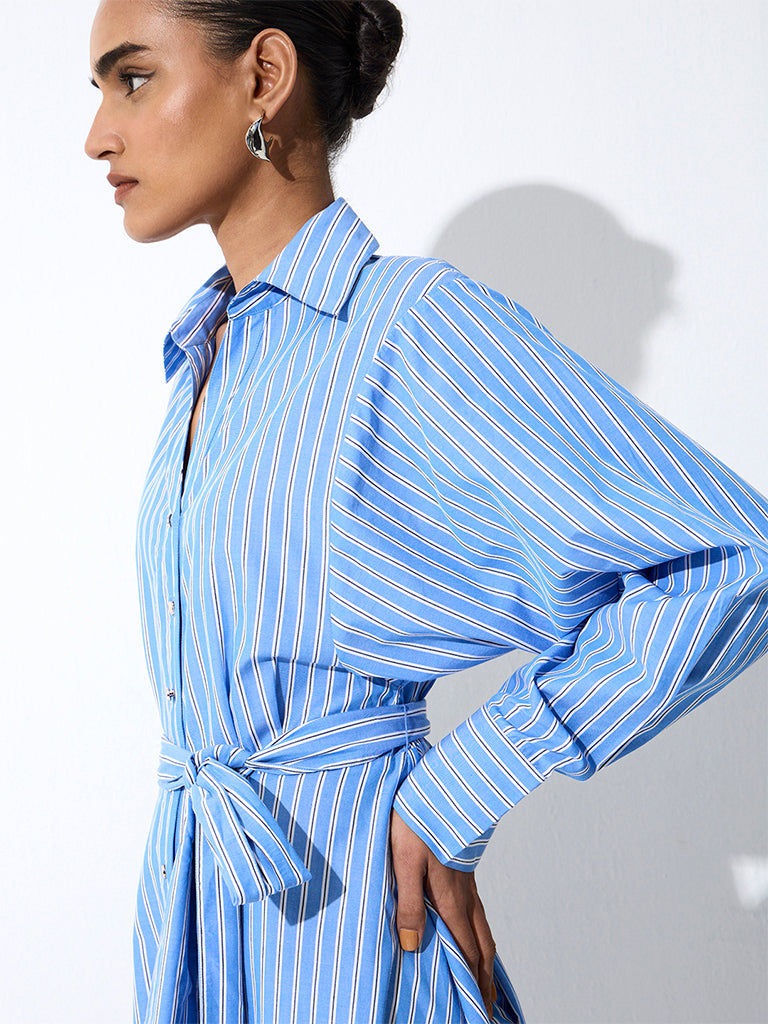Wardrobe Blue Striped Cotton Shirt Dress with a Belt