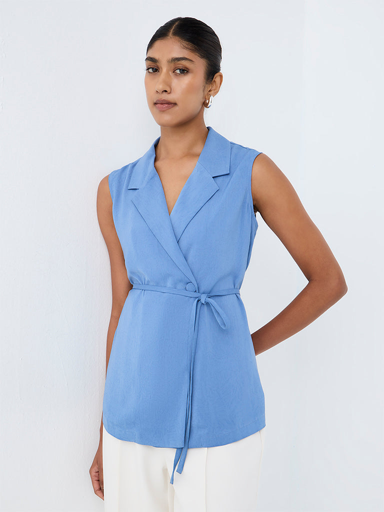Wardrobe Light Blue Crinkle-Textured Blouse with Belt