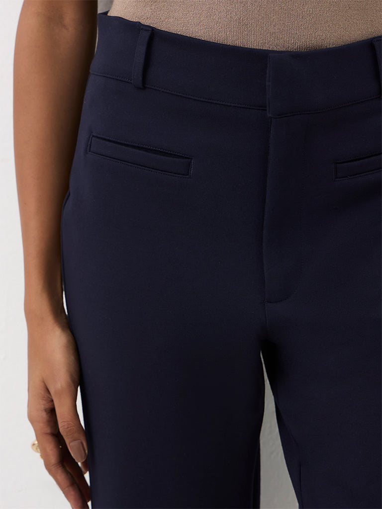Wardrobe Navy Solid High-Rise Flared Trousers