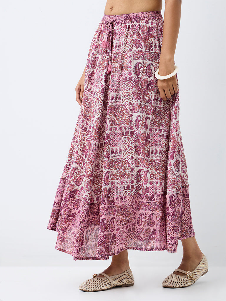 Bombay Paisley Purple Printed High-Rise Cotton-Blend Skirt