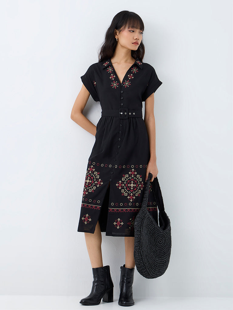 Bombay Paisley Black Embroidered Cotton Midi Dress with Belt