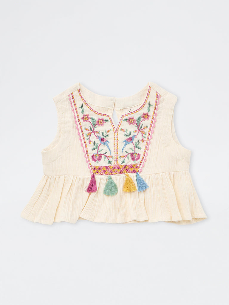 Utsa Kids Girls Off-White Embroidered Cotton Top - (2-8 yrs)