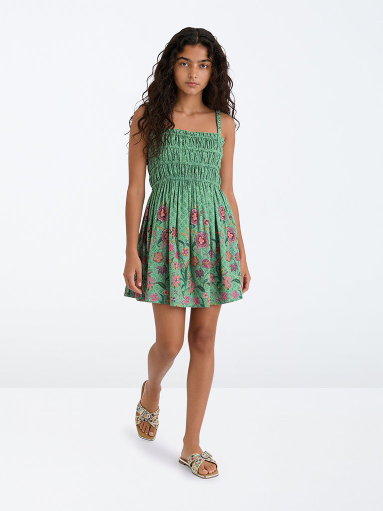 Utsa Kids Girls Jade Green Foliage Printed Cotton Fit-and-Flare Dress - (8 -14 yrs)