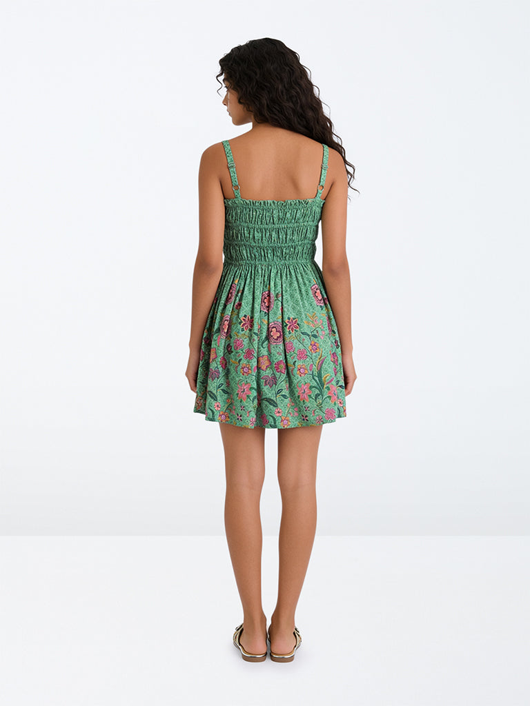 Utsa Kids Girls Jade Green Foliage Printed Cotton Fit-and-Flare Dress - (8 -14 yrs)