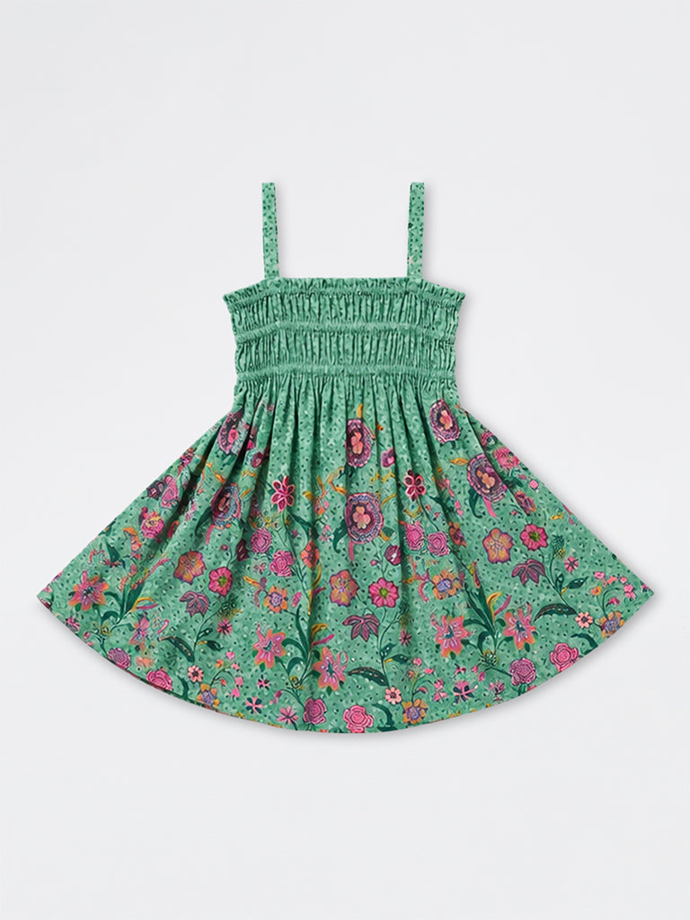 Utsa Kids Girls Jade Green Foliage Printed Cotton Fit-and-Flare Dress - (8 -14 yrs)