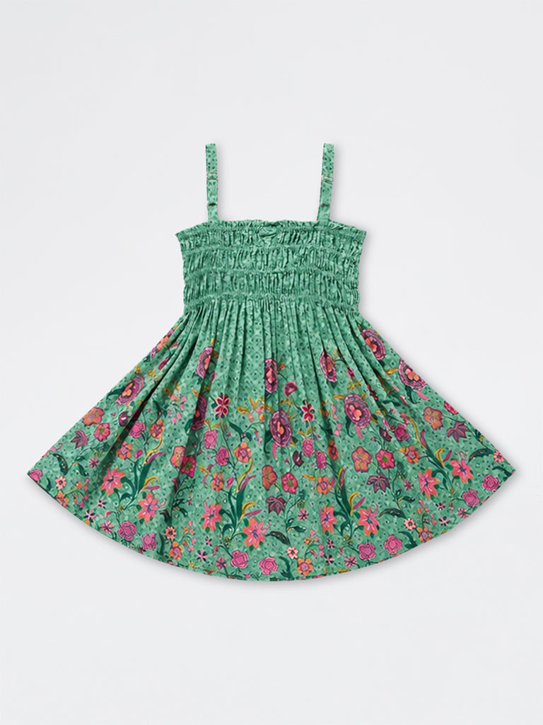 Utsa Kids Girls Jade Green Foliage Printed Cotton Fit-and-Flare Dress - (8 -14 yrs)