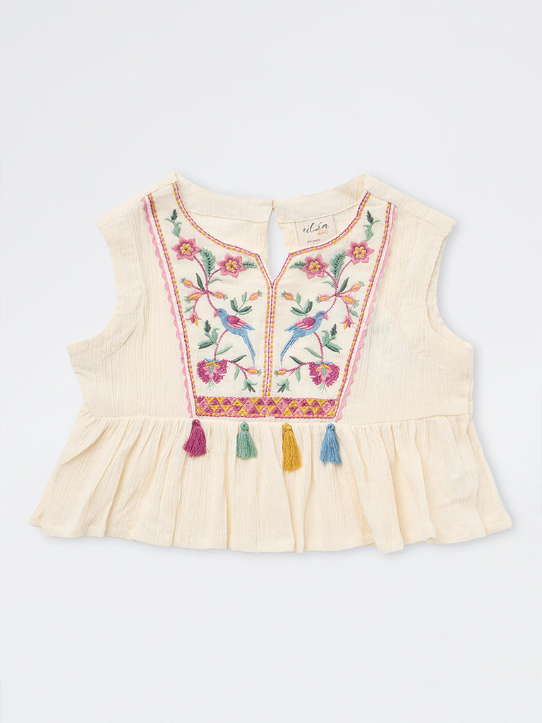 Utsa Kids Girls Off-White Embroidered Cotton Top - (8-14 yrs)