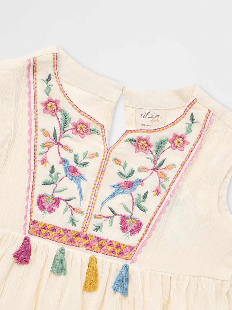 Utsa Kids Girls Off-White Embroidered Cotton Top - (8-14 yrs)