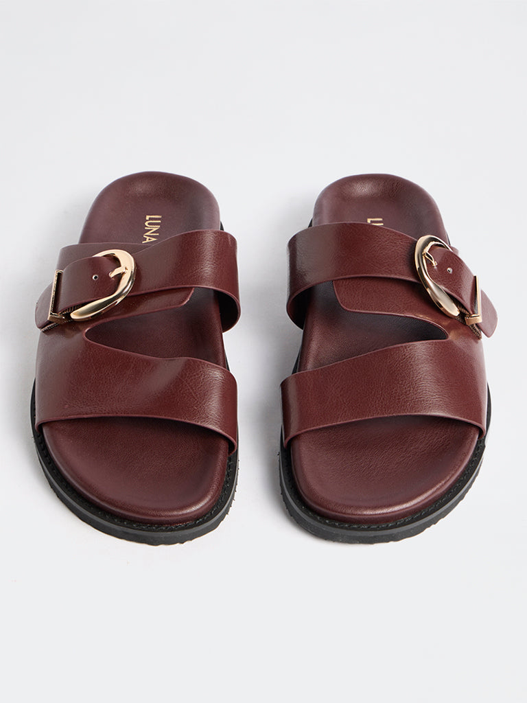LUNA BLU Burgundy Dual-Strap Slip-On Sandals