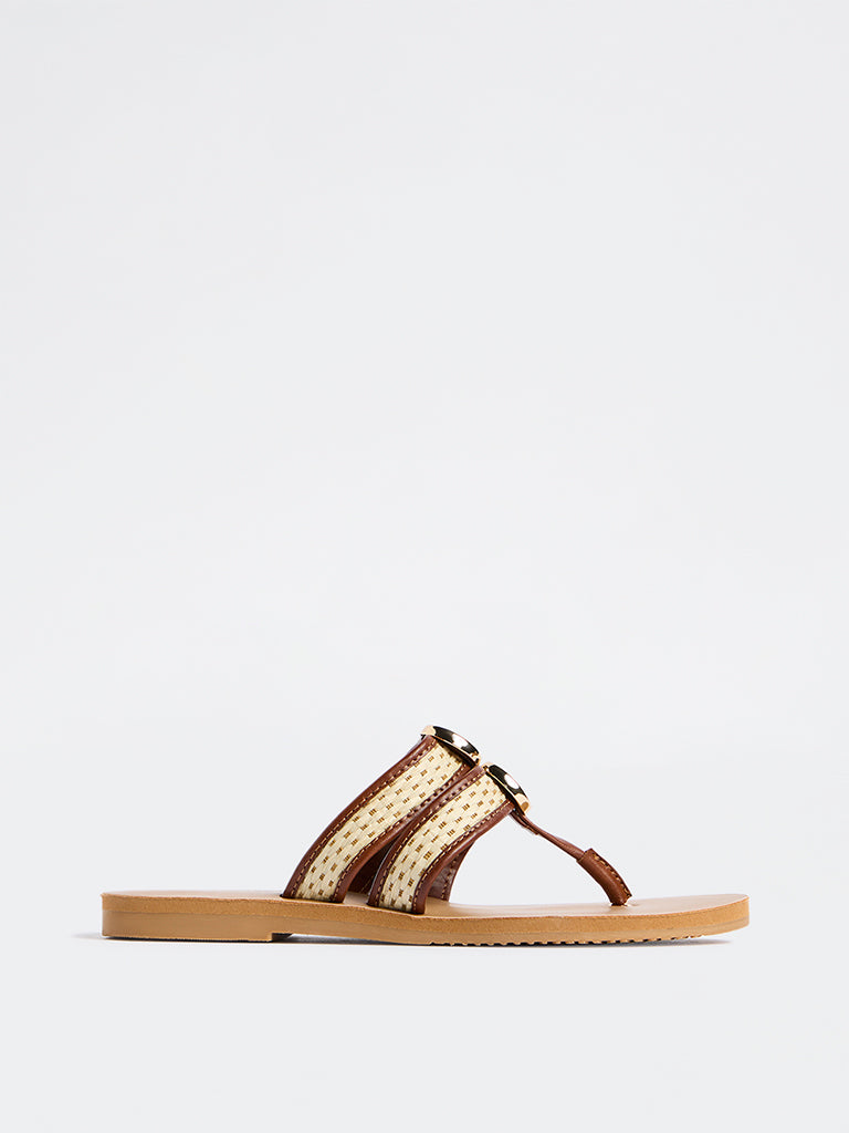 LUNA BLU Beige Raffia Thong-Strap Slip-On Sandals
