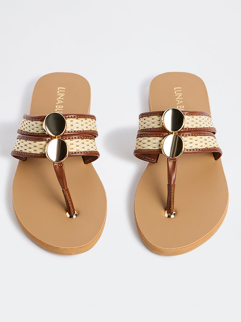 LUNA BLU Beige Raffia Thong-Strap Slip-On Sandals
