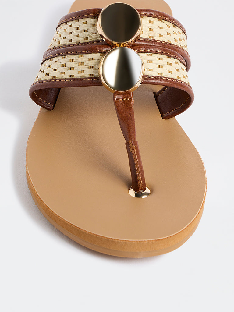 LUNA BLU Beige Raffia Thong-Strap Slip-On Sandals