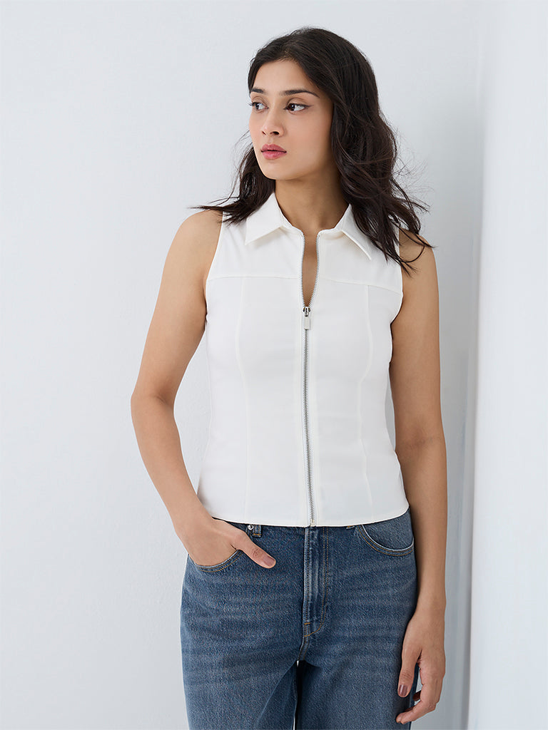 Nuon White Zipper-Detail Top