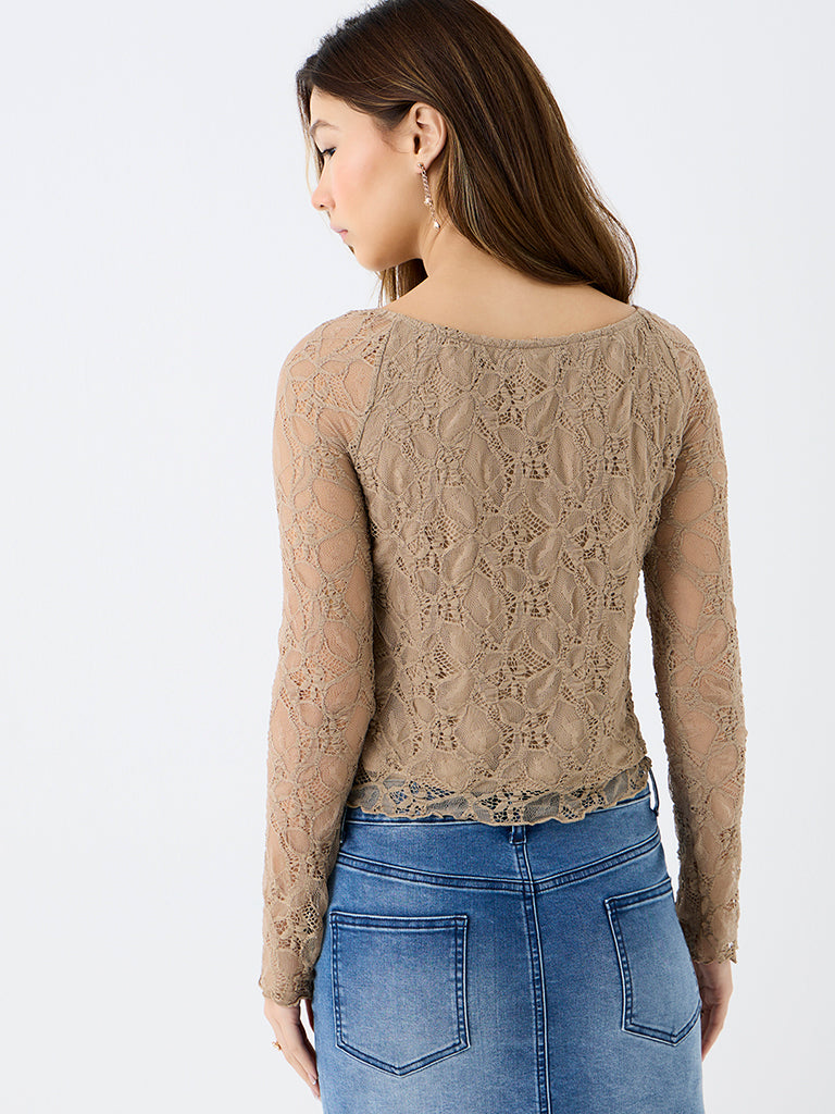 Nuon Beige Lace Design Ruched Top