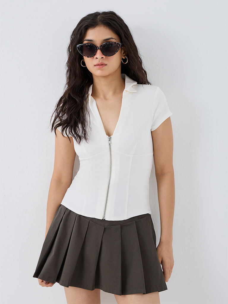 Nuon White Zipper-Detail Top