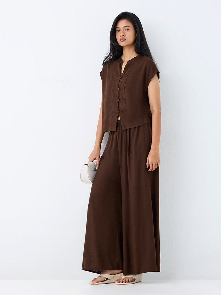 LOV Brown Solid High-Rise Pants
