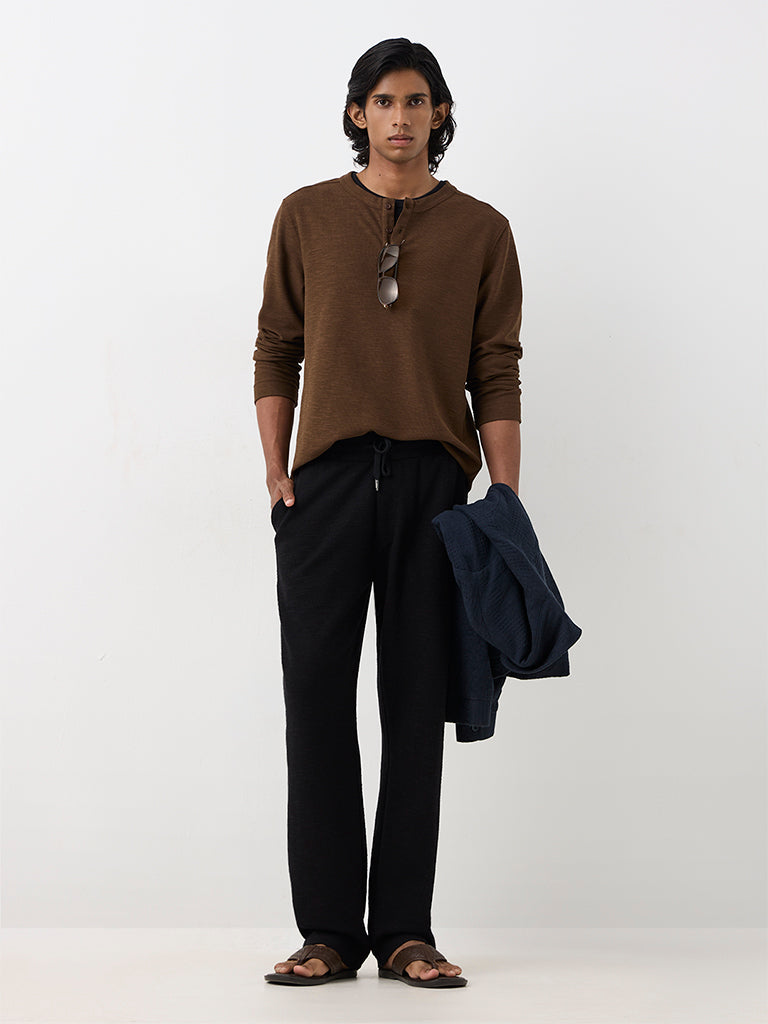ETA Black Textured Relaxed-Fit Mid-Rise Cotton-Blend Chinos