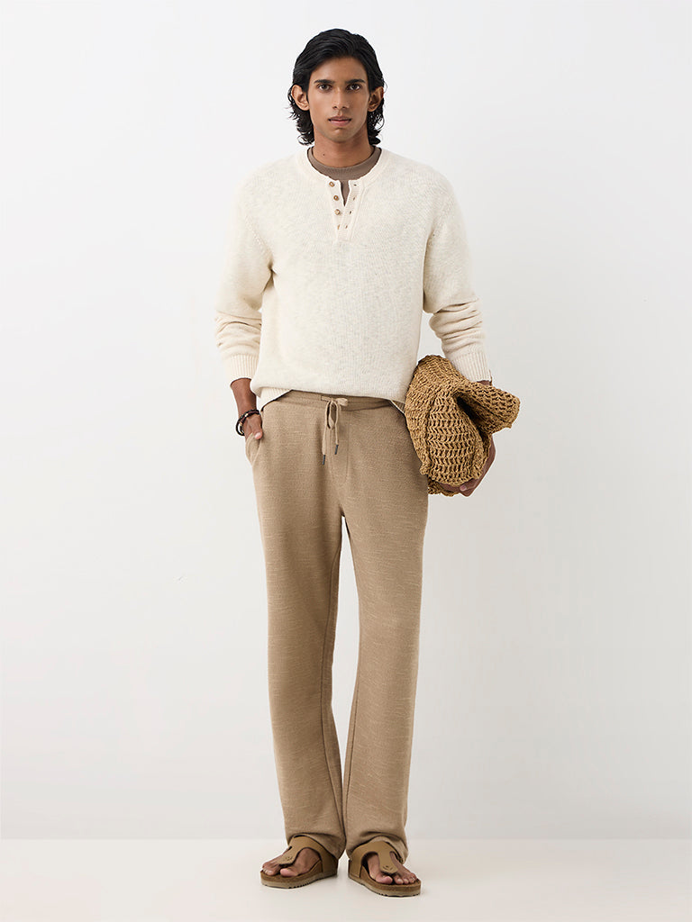 ETA Taupe Textured Relaxed-Fit Mid-Rise Cotton-Blend Chinos