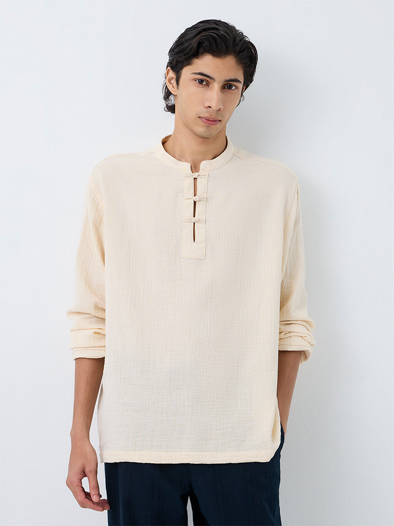 ETA Cream Crinkle-Textured Relaxed-Fit Cotton Frog Fastenings Shirt