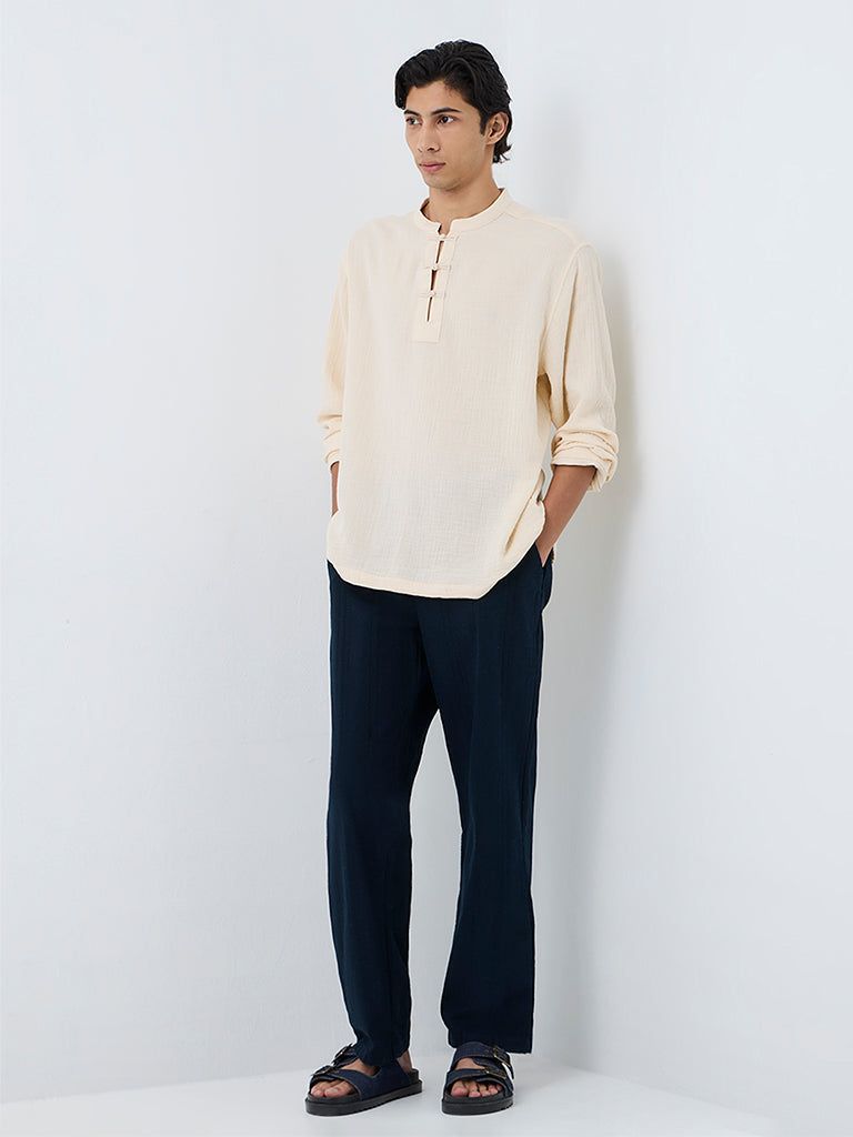 ETA Cream Crinkle-Textured Relaxed-Fit Cotton Frog Fastenings Shirt