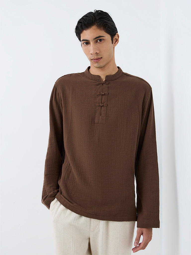 ETA Dark Brown Crinkle-Textured Relaxed-Fit Cotton Frog Fastenings Shirt